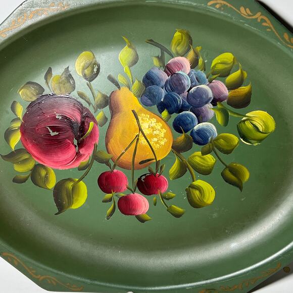Vintage Nash Company Metal Tray Tole Painting Fruit Olive Green 14 Inch MCM - Picture 2 of 10